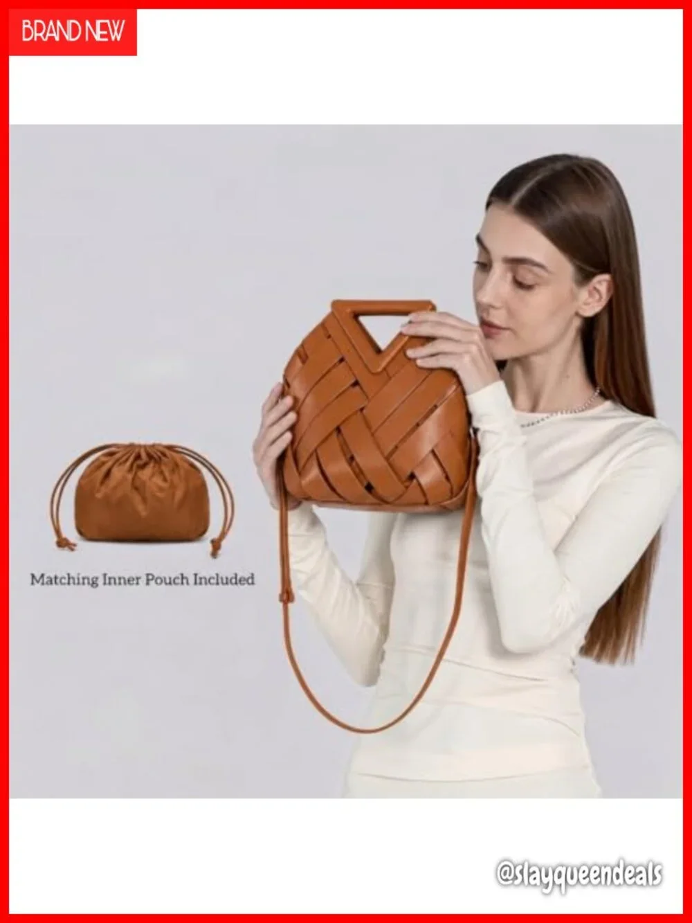 Woven Vegan Leather Bucket Bag Crossbody Adjustable Strap